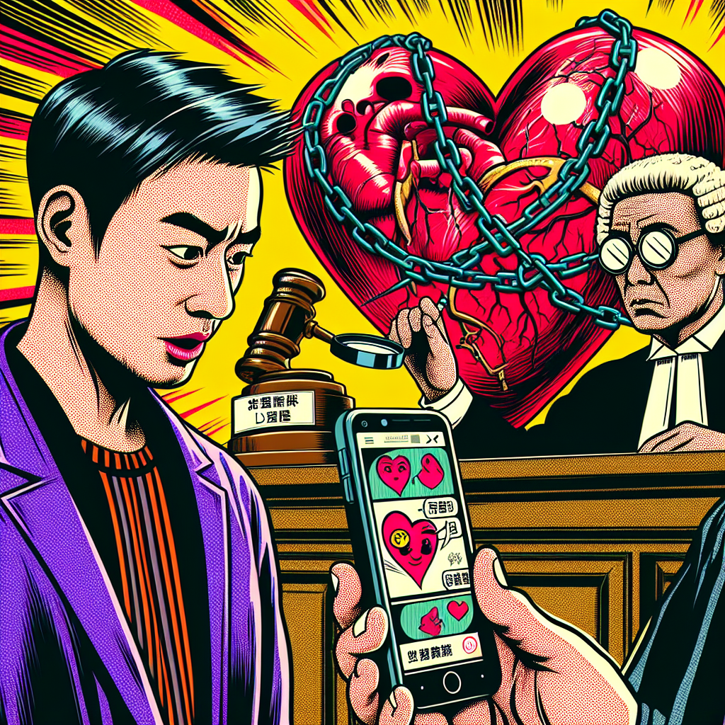 一幅生動的漫畫風格插圖,展示了一個台灣男子正在法庭上向法官展示手機證據。男子表情誇張,充滿決心。法官戴著放大鏡仔細查看手機屏幕,上面顯示著欺騙性的愛情短信。背景有一個心形圖案被鎖鏈纏繞,象徵感情詐騙。整個場景色彩鮮艷,線條簡潔大膽,充滿戲劇性和動感,呈現出蘋果日報和壹週刊新聞圖像的風格。