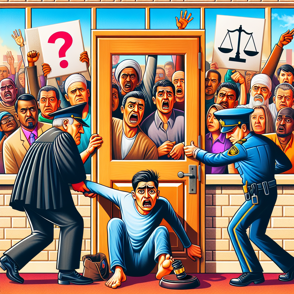 圖片描述:
一名台灣男子被法官和警察拉扯,表情痛苦掙扎。他身後是一扇半開的門,門內是戒癮中心。門外有抗議人群舉牌,上面畫有問號和天平圖案。整體畫面色彩明亮鮮艷,人物表情誇張,線條簡潔有力。構圖動感十足,富有戲劇性,突出強制戒癮治療的爭議性和法律挑戰。場景充滿張力,引人注目,有強烈的視覺衝擊力和故事性。