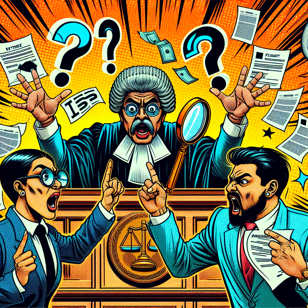 圖片描述:
一幅充滿活力的漫畫風格插圖,展現了一個法庭場景。中央是一位表情誇張的台灣法官,手持放大鏡仔細審視證據。法官兩側分別站著原告和被告,他們臉上寫滿戲劇性的表情。原告手指向被告,似乎在進行指控。被告則雙手高舉,一臉無辜。法庭背景充滿了飛舞的文件和問號符號,象徵著舉證的複雜性。整體畫面色彩鮮艷,線條簡潔有力,充分展現了誣告案件中的舉證責任和法律定義的關鍵概念。