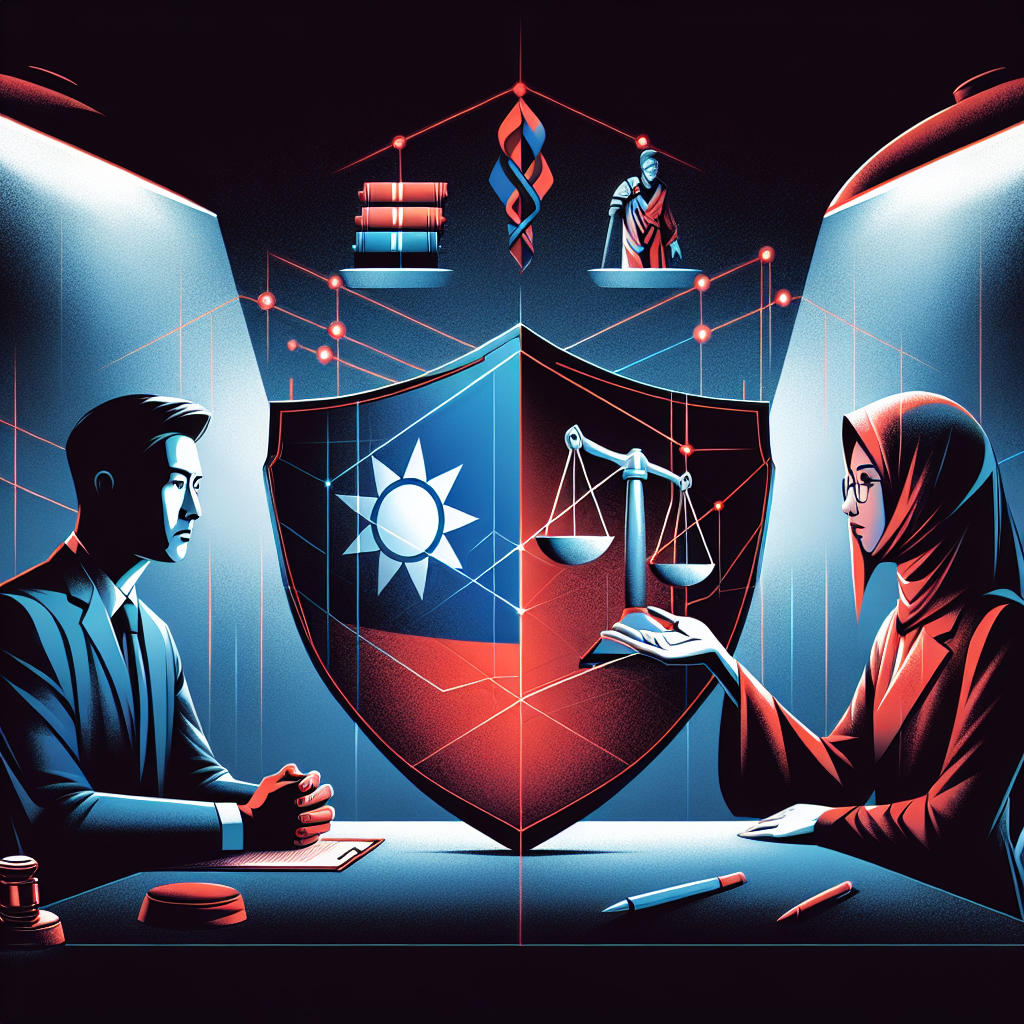 Here's a suggested image description based on your requirements:
A stylized illustration showing a Taiwanese lawyer and client in consultation. The lawyer holds a shield symbolizing defense strategies, while scales of justice hover above. Bold red and blue lines intersect, representing legal complexities. In the background, a gavel and law book icons float. The scene is dramatically lit, creating sharp contrasts and a sense of tension and resolution.