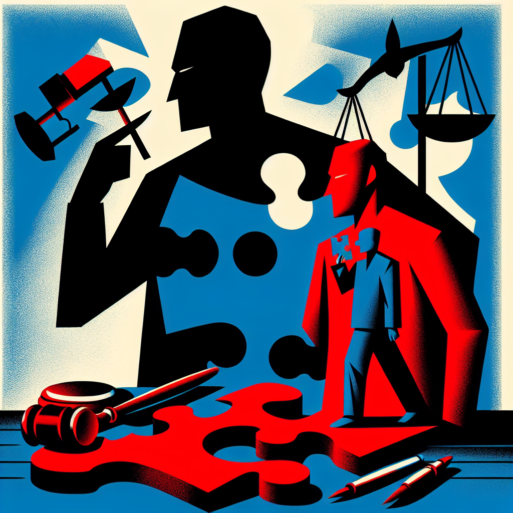 Here's a description for an image that meets your requirements:
A stylized illustration shows two contrasting figures - a shadowy silhouette representing the main criminal, and a smaller figure beside them symbolizing the accomplice. They're connected by interlocking puzzle pieces, suggesting their interrelated roles. A large gavel and scales of justice hover above, emphasizing the legal theme. Bold red and blue tones create a dramatic effect against a stark white background. Clean lines and geometric shapes give the image a modern, professional feel.
