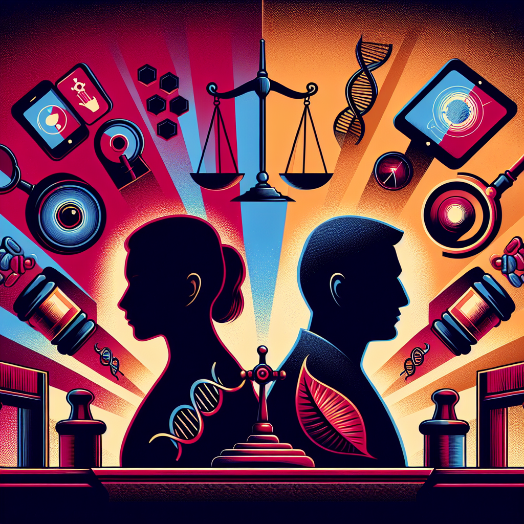 Here's a description for an image that meets your requirements:
A stylized courtroom scene with bold contrasting colors. A judge's gavel and scales of justice prominently displayed. Two silhouettes face each other - one representing the accused, the other the accuser. Evidence icons float between them: DNA strands, text messages, and surveillance cameras. A dramatic spotlight illuminates the center, symbolizing the search for truth in complex cases.