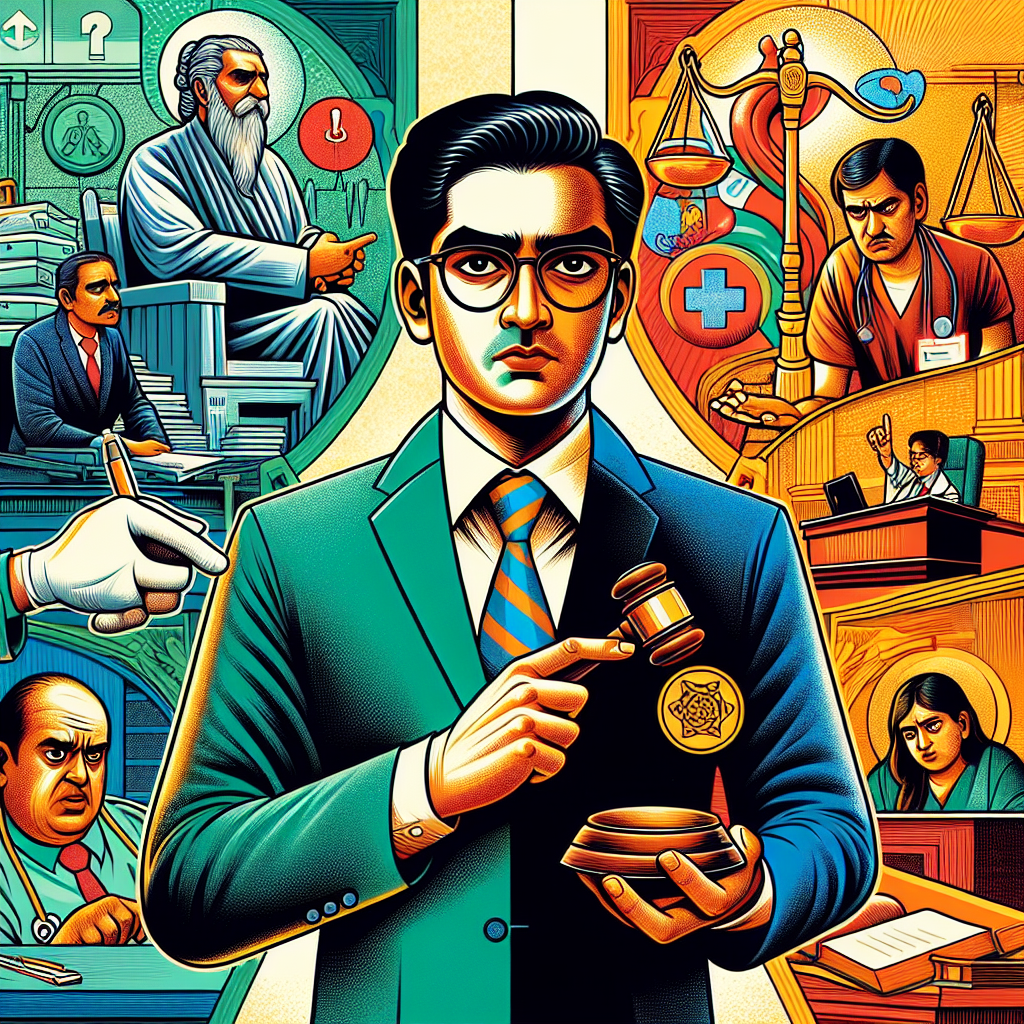 圖片描述:
一位穿著西裝的台灣民事律師站在中央,表情嚴肅。他左手拿著放大鏡,右手指向一個醫療符號。背景分為兩半:左側是法庭場景,右側是醫院場景。兩側各有一個誇張表情的卡通人物,代表病患和醫生。整體畫面色彩鮮艷,線條簡潔有力,充滿動感。醫療符號和法槌等元素以誇張的比例呈現,增添戲劇性。畫面富有故事性,吸引眼球。