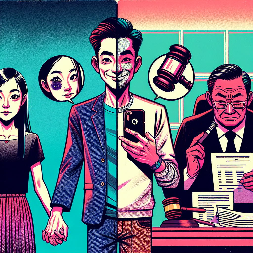 一幅分割成兩半的圖像。左側顯示一對台灣情侶牽手,男方臉上帶著誇張的狡詐笑容,女方表情天真。右側是法庭場景,女方站在證人席上,面露困惑和沮喪。法官手持放大鏡檢視證據。背景有放大的手機和信件,象徵通訊記錄。整體風格類似蘋果日報的新聞插圖,色彩鮮豔,線條簡潔有力,充滿戲劇性和動感,直觀地呈現了感情詐騙案件的複雜性和舉證困難。