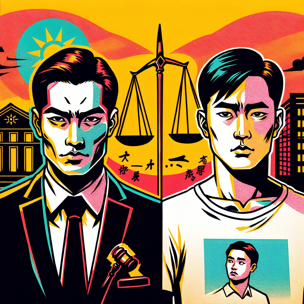 圖片描述:
一幅充滿動感的漫畫風格插圖,展現了兩個台灣男性角色。左側是一個身穿黑色西裝、表情嚴肅的男子,代表"正犯"。右側是一個穿著普通T恤、神情猶豫的男子,代表"幫助犯"。兩人之間有一條虛線連接,暗示他們之間的關係。背景是法院大樓的剪影,上方懸浮著一個巨大的天平,象徵司法公正。整體畫面色彩鮮艷,線條簡潔有力,充滿戲劇性和故事感。