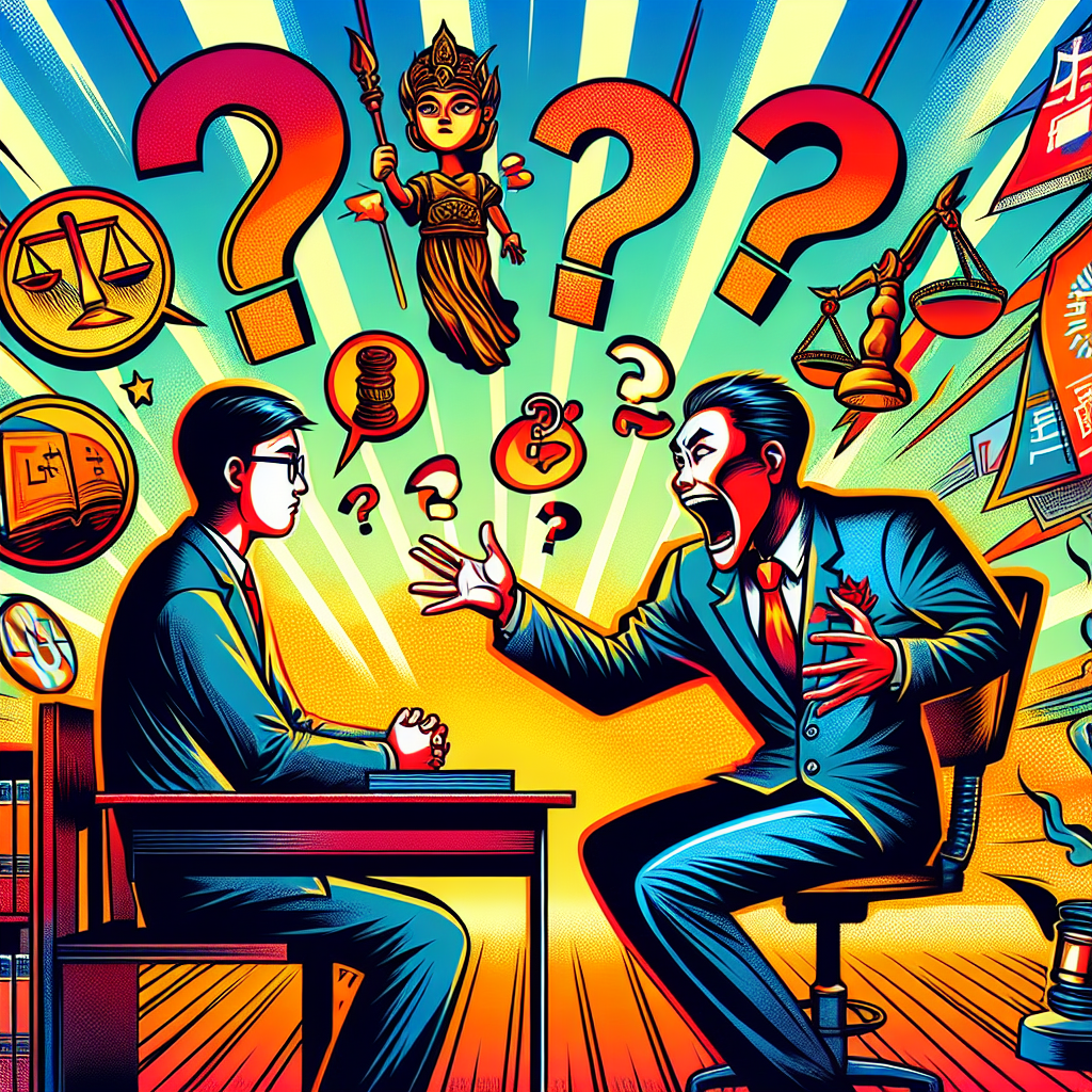 圖片描述:
一幅充滿活力的漫畫風格插圖,展現一個律師接見室的場景。中央是一位穿西裝的台灣律師,表情誇張地解答問題,手勢生動。對面坐著一位困惑的當事人,頭頂上方有一個大大的問號。周圍飄浮著各種法律符號和常見問題的圖示,如天平、法槌和文件。背景使用鮮艷的橙色和藍色。整體畫面動感十足,充滿戲劇性,吸引眼球並富有故事性。