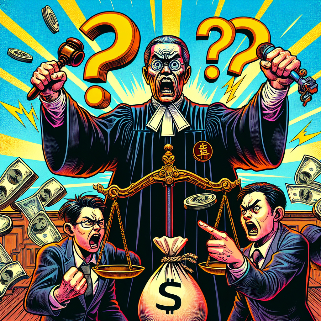 圖片描述:
一幅漫畫風格的法庭場景插圖。中央是一位誇張表情的台灣法官,手持放大的天平。左側是一位神色慌張的被告,手中緊握一袋標有錢符號的袋子。右側是一位憤怒的原告,指著被告。背景有一個巨大的問號和閃電符號,象徵侵占罪的疑問和嚴重性。整體色彩鮮艷明亮,線條簡潔有力,充滿戲劇性和動感,吸引眼球並富有故事性。