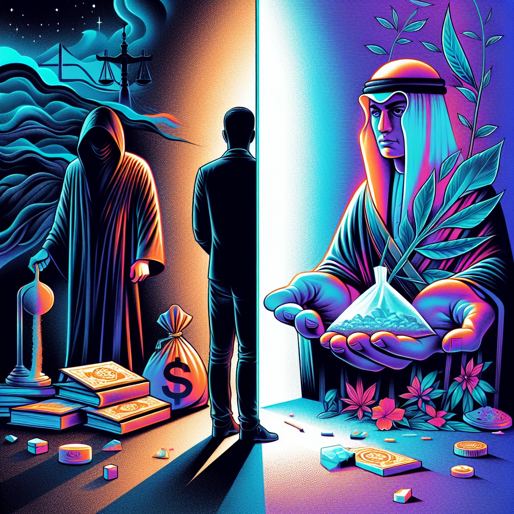 A stylized illustration depicting a split scene: on one side, a shadowy figure holding a bag symbolizing drug trafficking intent; on the other, a person with a small amount of substance, representing simple possession. A large question mark divides the image. A Taiwanese lawyer figure stands in the foreground, gesturing as if explaining the legal distinctions. Bold colors and clean lines create a modern, dynamic feel, with dramatic lighting highlighting key elements.