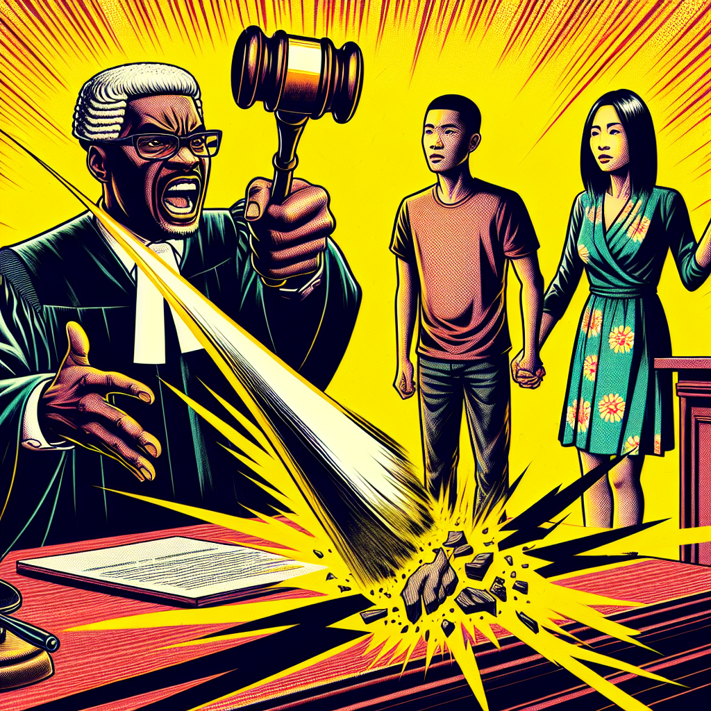 一幅生動的漫畫風格插圖,展示了一個台灣法庭場景。中央是一位表情誇張的法官,手持大錘敲擊法槌。法官兩側站著一對年輕夫妻和一對年邁父母,他們之間有一條被剪斷的繩索象徵關係斷裂。背景是鮮艷的黃色,突出了場景的戲劇性。整體畫面充滿動感和情感張力,直觀地呈現了扶養義務免除的概念。