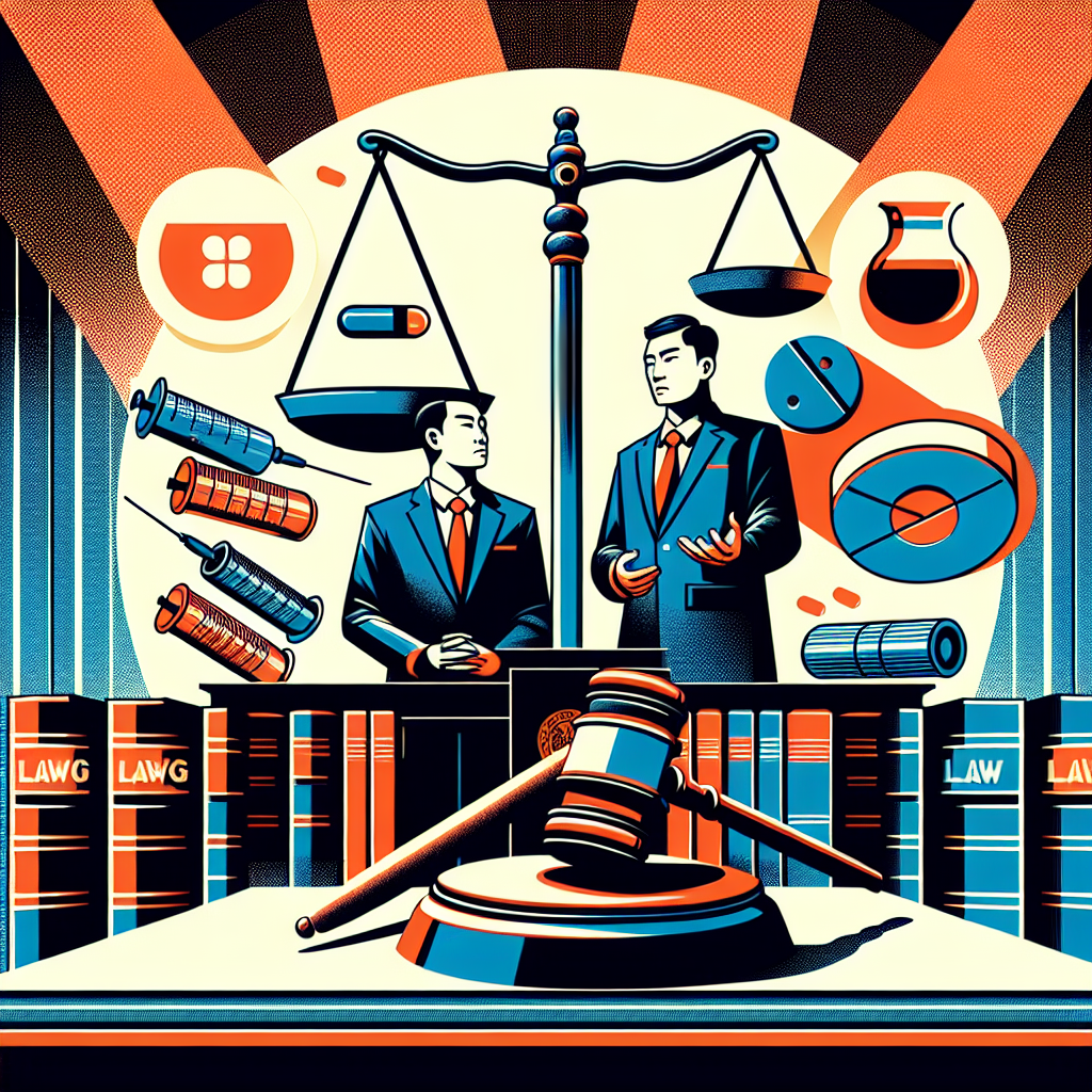 A stylized illustration depicting a courtroom scene with bold contrasting colors. A judge's gavel and scales of justice prominently displayed. Two Taiwanese lawyers in suits consulting, one gesturing to law books. Drug-related icons like pills and syringes crossed out. Dynamic lighting casts dramatic shadows. Clean lines and modern art style convey professionalism and legal themes.
