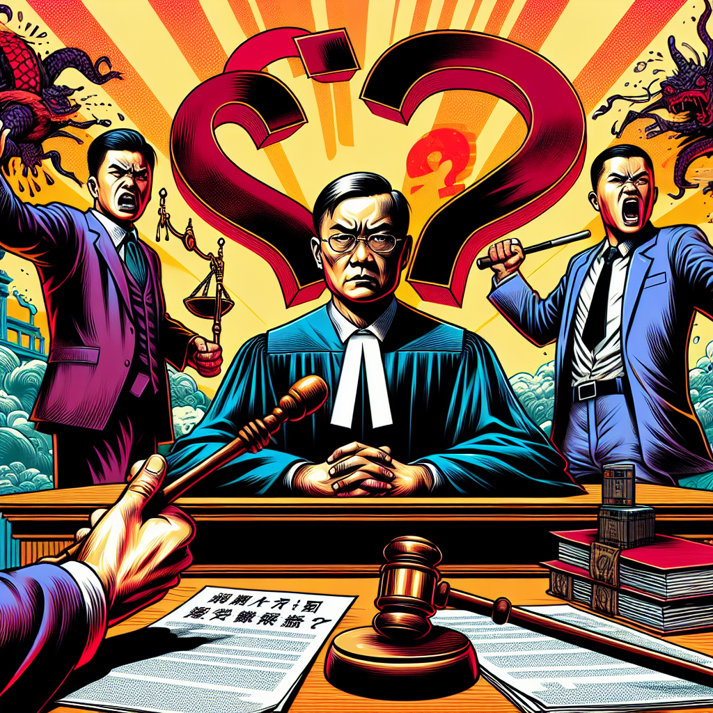 圖片描述:
一幅漫畫風格的法庭場景,色彩鮮艷。中央是一位台灣法官,表情嚴肅,手持木槌。左側站著一位憤怒的原告,右側是一位焦慮的被告。背景有一個巨大的問號,象徵法律挑戰。法官桌上擺放著"強制猥褻"相關的法律文件。整體畫面充滿戲劇性和動感,突出了案件的爭議性和複雜性。