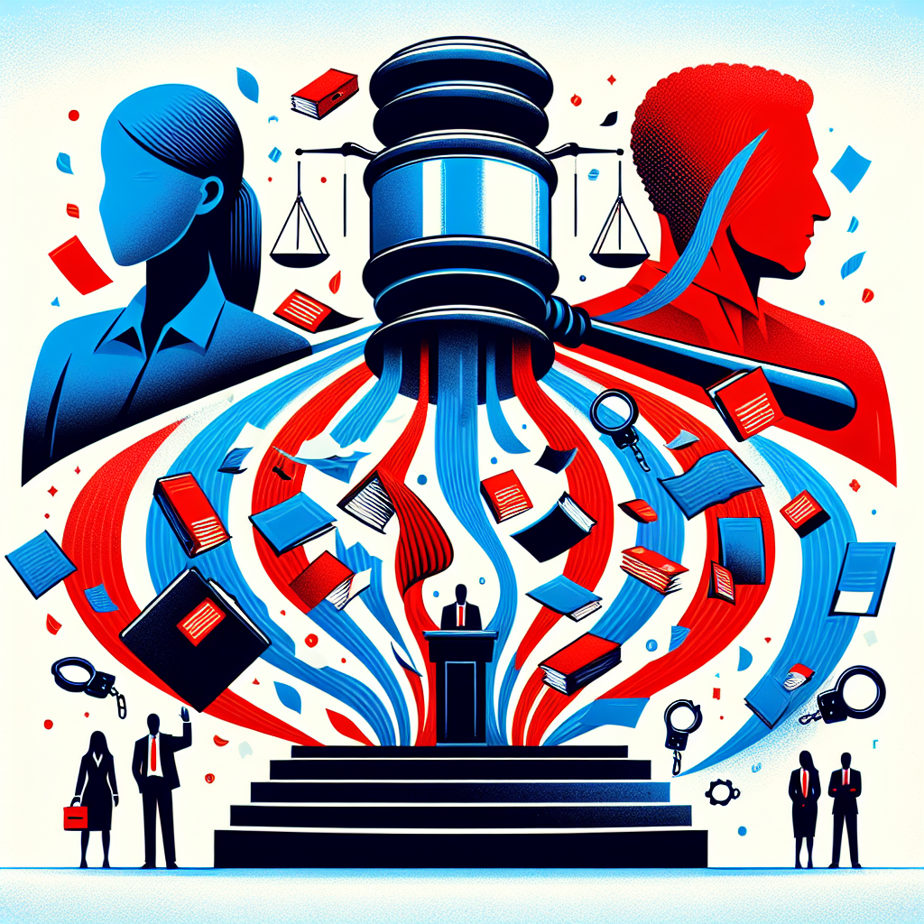 Here's a description for an image based on your requirements:
A stylized modern art illustration depicting a Taiwanese judge's gavel striking a podium, creating ripples that transform into file folders and legal documents. Silhouettes of professionals in suits stand on either side, representing prosecutors and defendants. Bold red and blue colors contrast against a stark white background. Symbolic icons of scales, handcuffs, and a courthouse float above, creating a dynamic and visually engaging composition that conveys the theme of legal proceedings and judicial consequences.