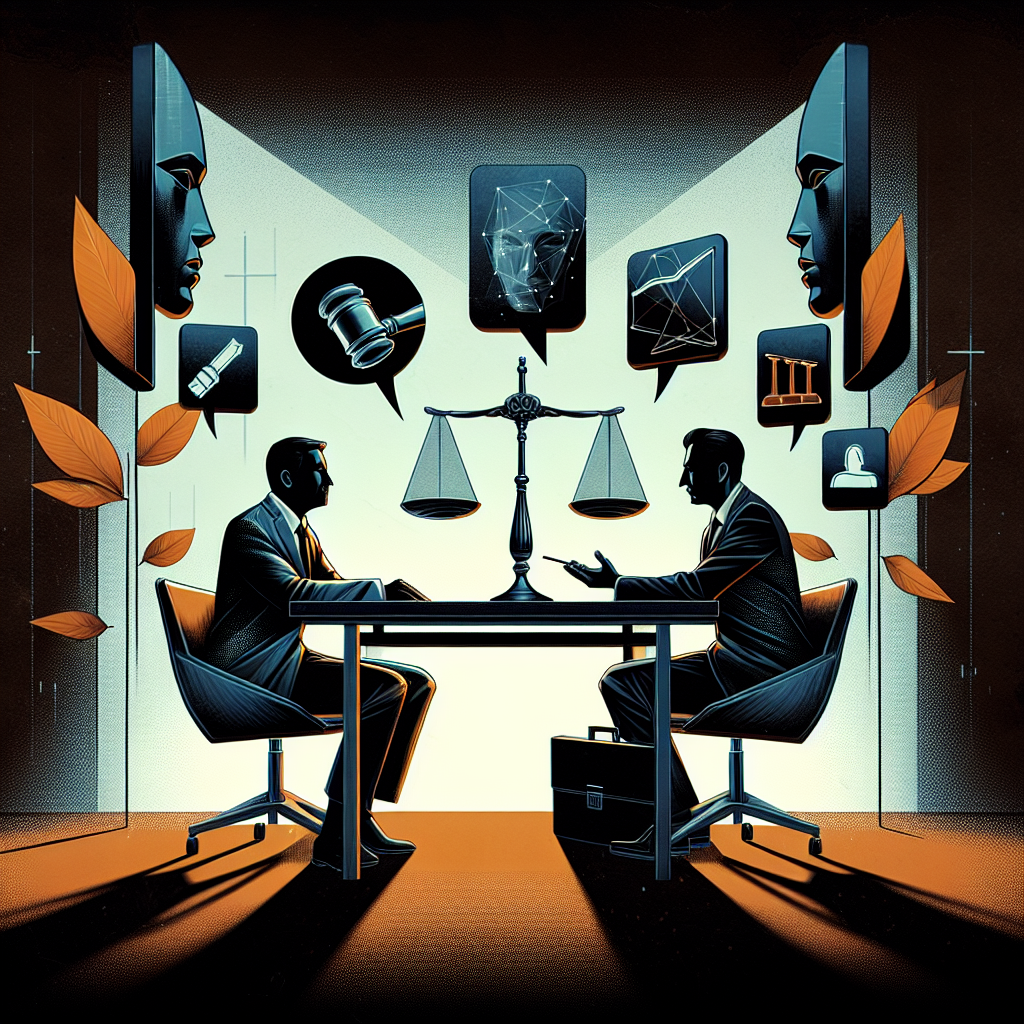 Here's a description for an image that meets your requirements:
A stylized illustration depicting a legal consultation scene. Two Taiwanese professionals, one representing誣告罪 and the other 誹謗罪, face each other across a modern desk. Between them, floating symbolic icons represent key legal concepts. Bold, contrasting colors and clean lines create a dynamic, visually engaging composition. Dramatic lighting highlights the tension between the two sides, while artistic design elements reinforce the professional atmosphere.