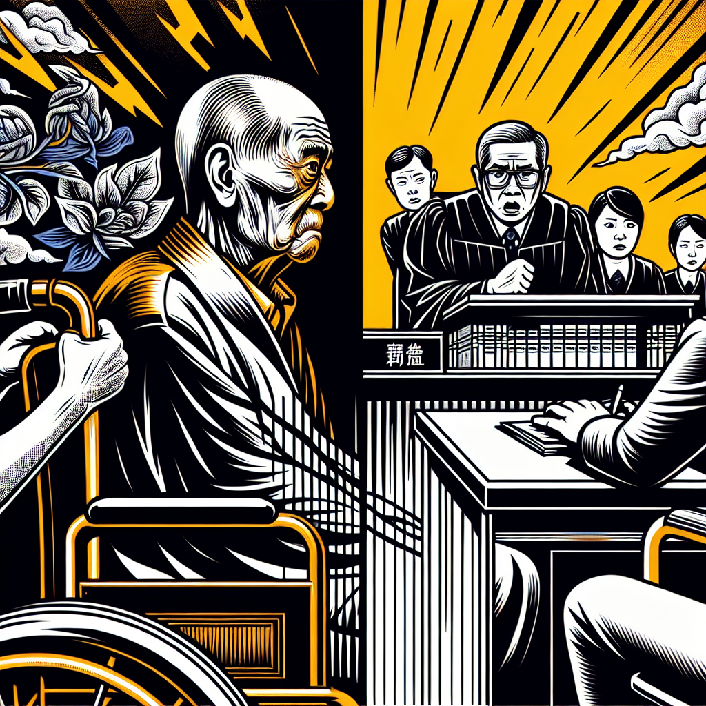 圖片描述:
一幅分割成兩部分的插圖。左側展示一位年邁的台灣老人坐在輪椅上,表情悲傷。右側是一個法庭場景,法官正在審理案件,被告席上站著一位中年人。兩邊用一條粗黑線分隔,線上有"案例分析"的標誌。整個畫面採用明亮鮮艷的色彩,人物表情誇張,線條簡潔有力。畫面充滿戲劇性和動感,吸引眼球並富有情感訴求,有強烈的故事性。