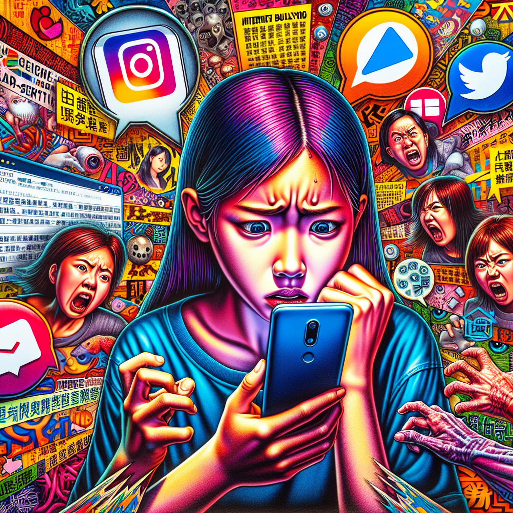 圖片描述:
一位台灣年輕人正在使用智能手機,表情驚恐。手機螢幕上顯示多個社交媒體圖標和威脅性訊息氣泡。背景是由法律條文和網路符號組成的拼貼。一側是放大的網路恐嚇相關法規條文。整體畫面採用明亮鮮豔的色彩,人物表情誇張,線條簡潔大膽,充滿動感,富有戲劇性和故事性。