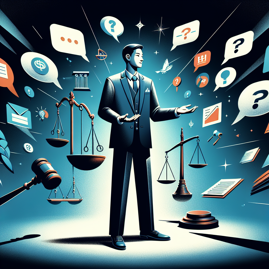 Here's a description for an image based on your requirements:
A stylized modern art illustration depicting a legal consultation scene. A Taiwanese lawyer in professional attire stands confidently, gesturing towards floating speech bubbles and question marks. Symbolic icons like scales of justice, gavel, and legal documents orbit around. Bold, contrasting colors and clean lines create a dynamic composition. Dramatic lighting casts shadows, adding depth. The overall design balances professionalism with artistic flair, visualizing the concept of addressing common legal questions about defamation.