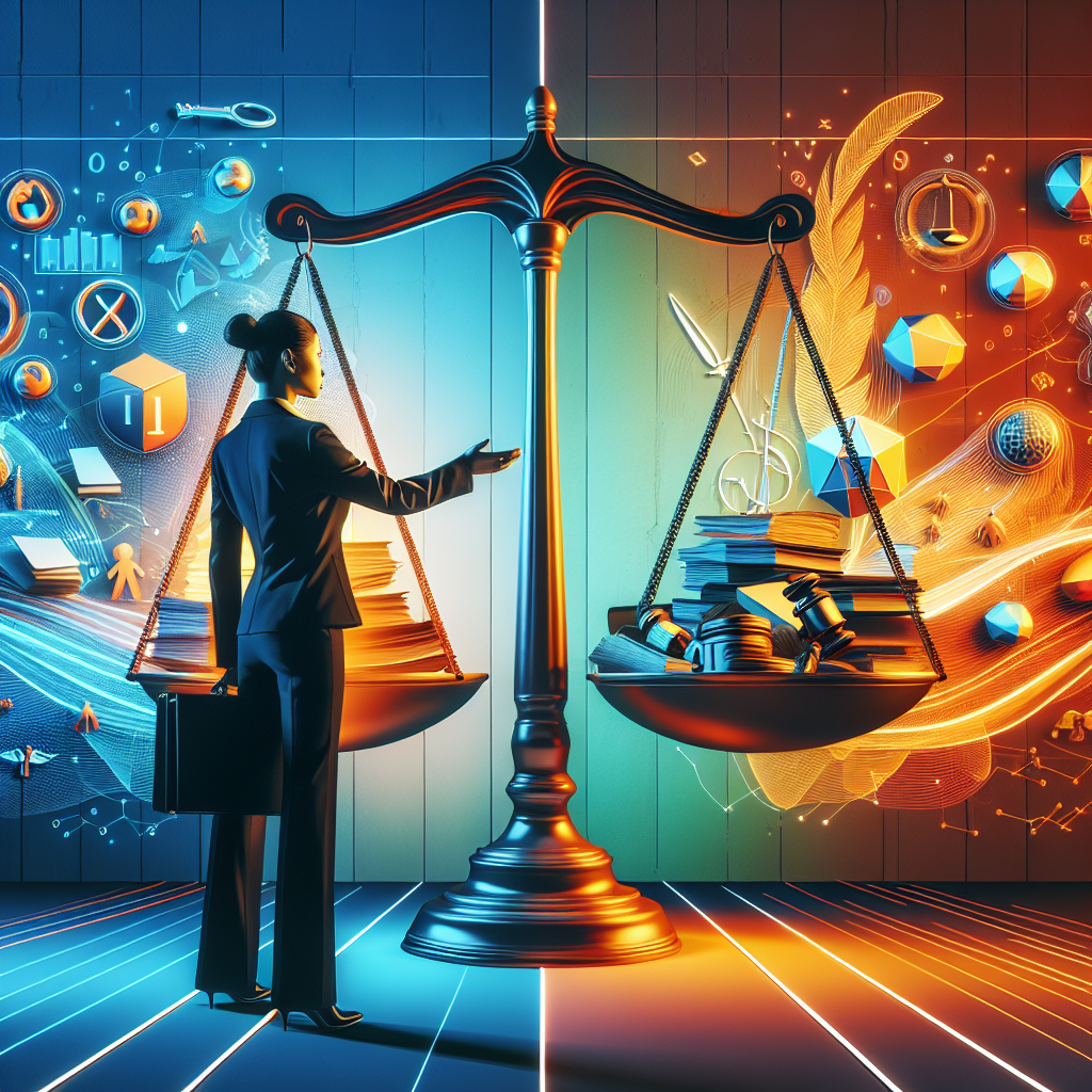 Here's a image description based on your requirements:
A stylized illustration depicting a courtroom scene. A Taiwanese lawyer stands confidently, gesturing towards a large scale of justice. On one side, evidence and legal documents are stacked. The other side shows symbolic icons representing different defense strategies. Bold contrasting colors and clean lines create a dynamic, modern art style. Dramatic lighting highlights key elements, conveying a professional yet visually engaging legal consultation theme.