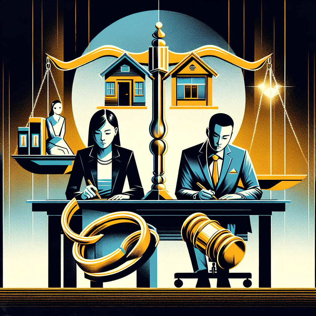Here's a suitable image description based on your requirements:
A stylized modern art illustration depicting a legal consultation scene. Two Taiwanese professionals, a lawyer and client, sit at a desk with bold, contrasting colors. Symbolic icons float above, representing property division: a house split in half, intertwined wedding rings, and a balance scale. Clean lines and dramatic lighting create a dynamic, visually engaging composition, conveying the complexity of divorce property division in a professional yet artistic manner.