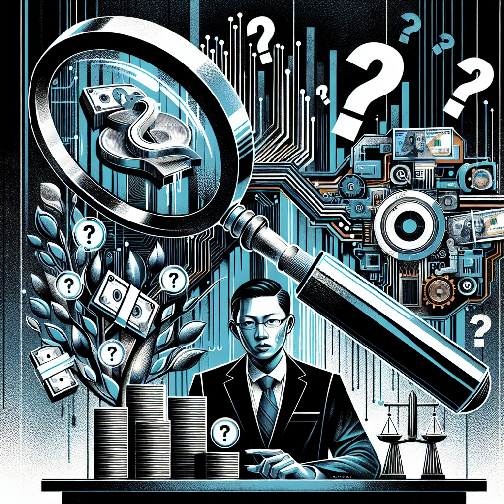 Here's a suitable image description based on your requirements:
A stylized illustration shows a Taiwanese legal professional at a desk, gesturing towards floating question mark icons. Behind them, a large magnifying glass reveals symbolic elements of fraud and money laundering - stacks of cash, digital transactions, and handcuffs. Bold contrasting colors and clean lines create a dynamic, modern art style. The scene conveys a professional consultation atmosphere with dramatic lighting highlighting key elements.