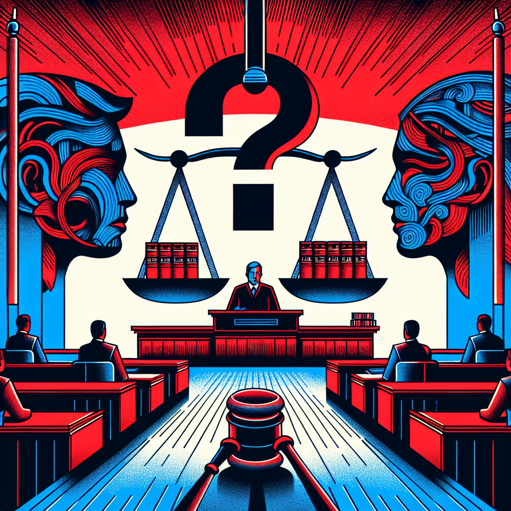 Here's a suitable image description based on your requirements:
A stylized modern art illustration depicting a courtroom scene. A judge's gavel hovers prominently in the foreground. Two Taiwanese figures, one representing the accused and one the accuser, stand on opposite sides. Between them, a large question mark symbolizes the ambiguity of consent. Bold red and blue colors contrast sharply, creating a dramatic atmosphere. Clean lines and geometric shapes form symbolic legal icons like scales of justice and law books in the background.