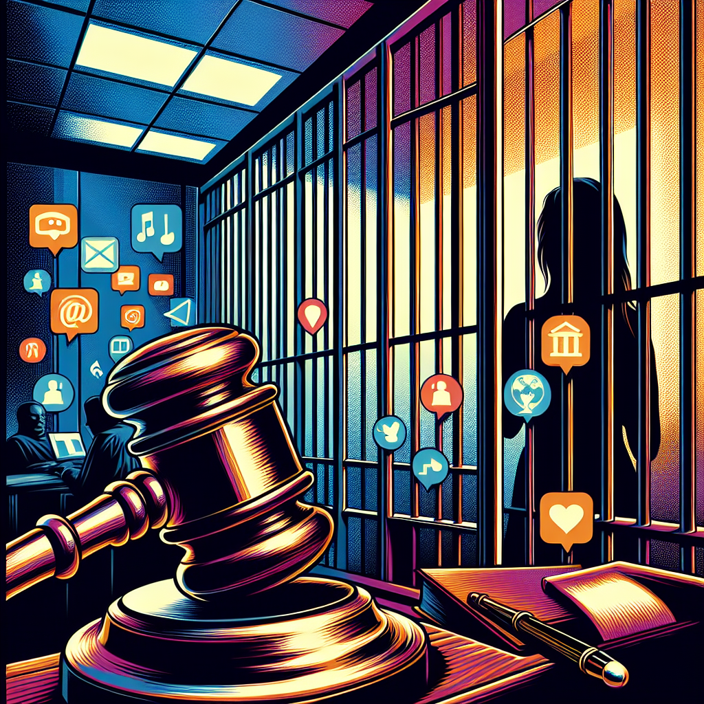Here's a description for an image based on your requirements:
A stylized illustration depicting a courtroom scene with bold, contrasting colors. A judge's gavel looms large in the foreground, symbolizing justice. In the background, a silhouette of a person stands behind prison bars, representing the consequences of cyberbullying. Digital icons like smartphones and social media symbols float around, connecting to a central figure of a distressed victim. The overall composition uses clean lines and dramatic lighting to create a dynamic, visually engaging scene that conveys the seriousness of online intimidation cases.