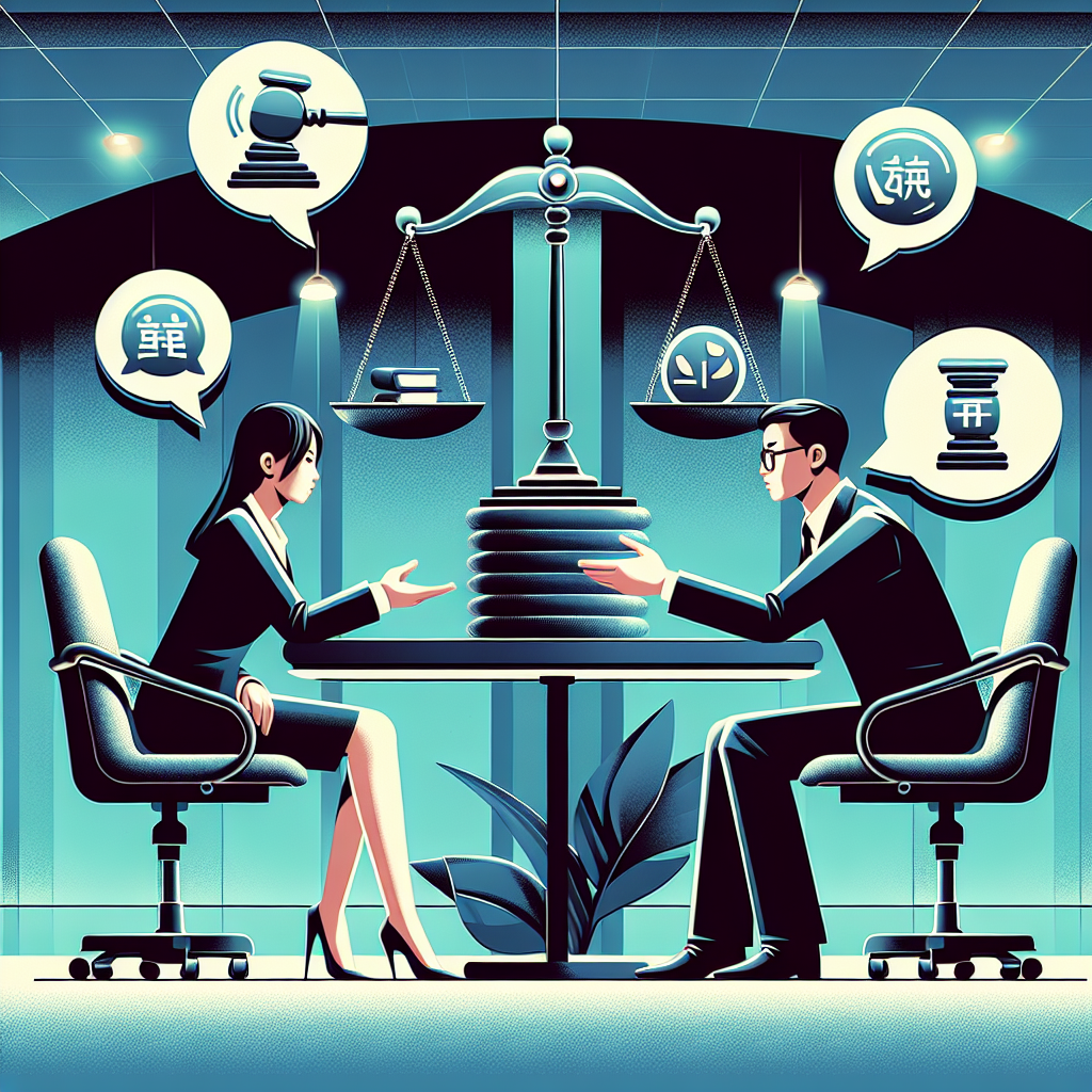A stylized illustration depicting a legal consultation scene. Two Taiwanese professionals - a lawyer and a client - sit across a modern desk. Above them, floating speech bubbles contain icons representing "slander" and "false accusation". A large scale of justice balances these concepts, highlighting their legal distinctions. Bold colors and clean lines create a dynamic, professional atmosphere, with dramatic lighting emphasizing the importance of the consultation.