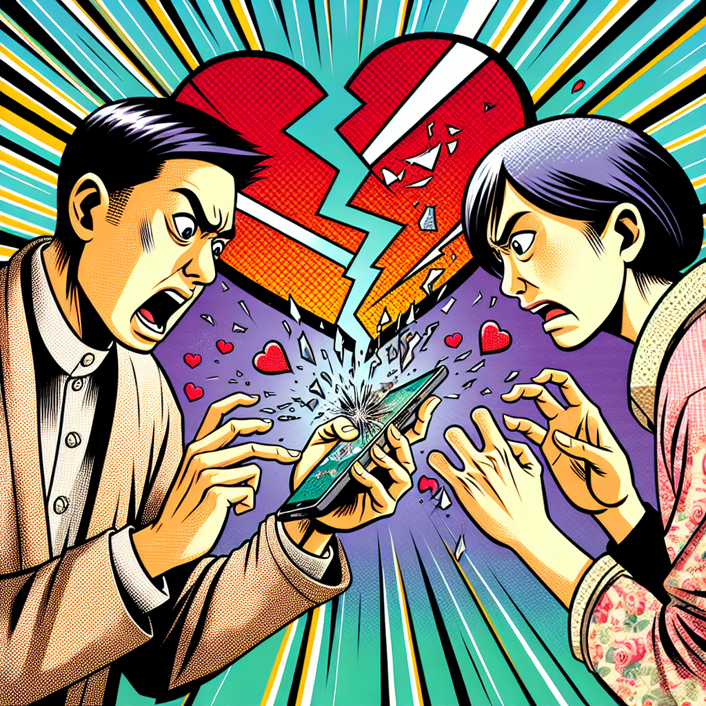 這裡是一個符合要求的圖片描述:
一幅漫畫風格的插圖,展示了一對台灣夫妻之間的衝突場景。丈夫正在翻看妻子的手機,表情誇張地驚訝。妻子則憤怒地試圖奪回手機。背景是破碎的心形圖案,象徵婚姻關係受損。畫面色彩鮮艷,線條簡潔有力,充滿戲劇性和動感。整體風格類似蘋果日報的新聞圖像,生動地呈現了侵害配偶權的典型情境。