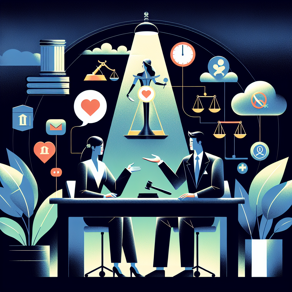 Here's a description for an image based on your requirements:
A stylized illustration depicts a modern legal consultation scene. A Taiwanese lawyer sits at a desk, gesturing towards floating icons representing marriage, infidelity, and legal consequences. Bold, contrasting colors and clean lines create a dynamic composition. Dramatic lighting highlights key elements, while symbolic scales of justice and a gavel hover in the background. The overall design is visually engaging and professional, conveying the complexities of marital disputes and legal implications.