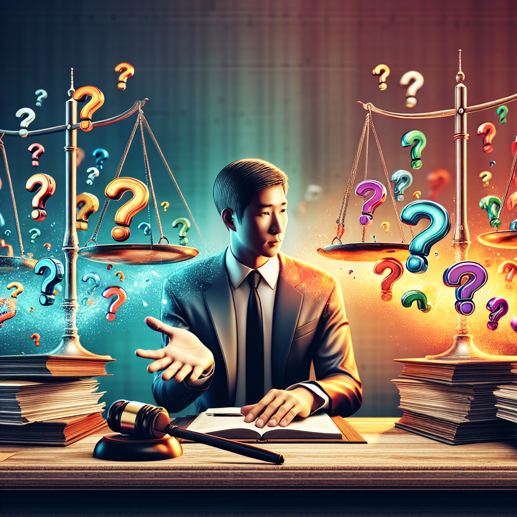 A stylized illustration depicting a legal consultation scene. A Taiwanese lawyer sits at a desk, gesturing towards floating question mark icons. On one side, scales of justice balance "truth" and "falsehood". The other side shows a gavel and legal documents. Bold colors and clean lines create a dynamic, professional atmosphere. Dramatic lighting highlights key elements, conveying the seriousness of legal matters and the importance of truthful testimony.