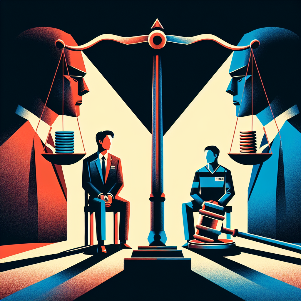 Here's a suitable image description based on your requirements:
A stylized courtroom scene with bold, contrasting colors. A judge's gavel and scales of justice dominate the foreground. Two Taiwanese figures face each other - one in a suit, the other in prison attire. Symbolic icons representing truth and lies float between them. Dramatic lighting casts shadows, creating a tense atmosphere. Clean lines and modern art style convey the legal theme with visual impact.