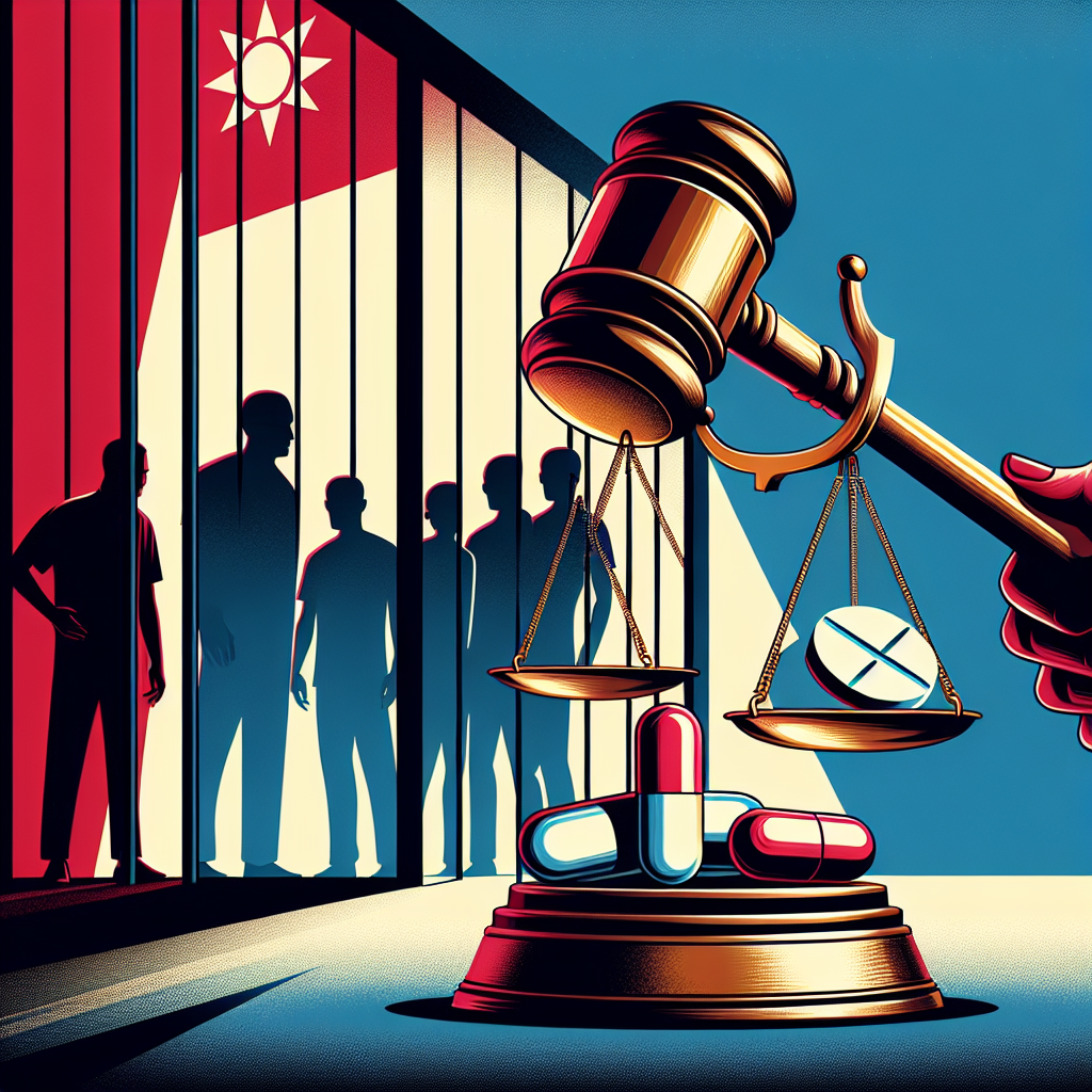 Here's a description for an image based on your requirements:
A stylized illustration shows a Taiwanese judge's gavel striking down on a scale of justice. On one side of the scale sits a symbolic pill representing drugs, while the other side holds a law book. Behind, silhouettes of people stand before prison bars. Bold red and blue colors contrast sharply, creating a dynamic and impactful scene. Clean lines and dramatic lighting emphasize the serious consequences of drug-related crimes.