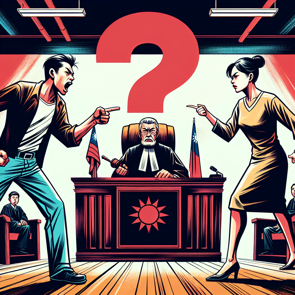 圖片描述:
一幅充滿戲劇性的插圖,展現了一對台灣夫妻在法庭上對峙的場景。丈夫站在左側,表情誇張地指著妻子,而妻子則站在右側,雙手叉腰,怒目而視。他們之間有一個巨大的紅色問號。法官坐在高處,手持木槌,表情困惑。背景是簡化的法庭元素,如國旗和律師席。整體畫面色彩鮮艷,線條簡潔有力,充滿動感,突出了侵害配偶權的法律爭議主題。