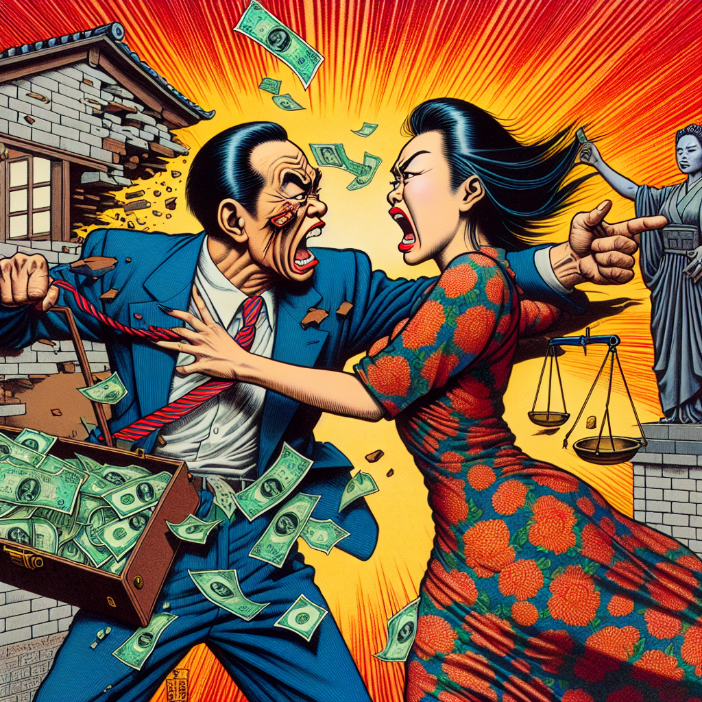 圖片描述:
一幅充滿戲劇性的插畫,呈現一對台灣夫妻正在激烈爭吵。丈夫手中緊握一個裝滿錢的公事包,試圖藏在背後。妻子表情誇張,憤怒地指著丈夫。背景是一個被拆成兩半的房子,象徵婚姻破裂。一位法官的漫畫形象站在旁邊,手持天平秤,代表司法公正。整個場景色彩鮮艷,線條簡潔大膽,充滿動感,呈現出蘋果日報和壹週刊新聞圖像的風格。