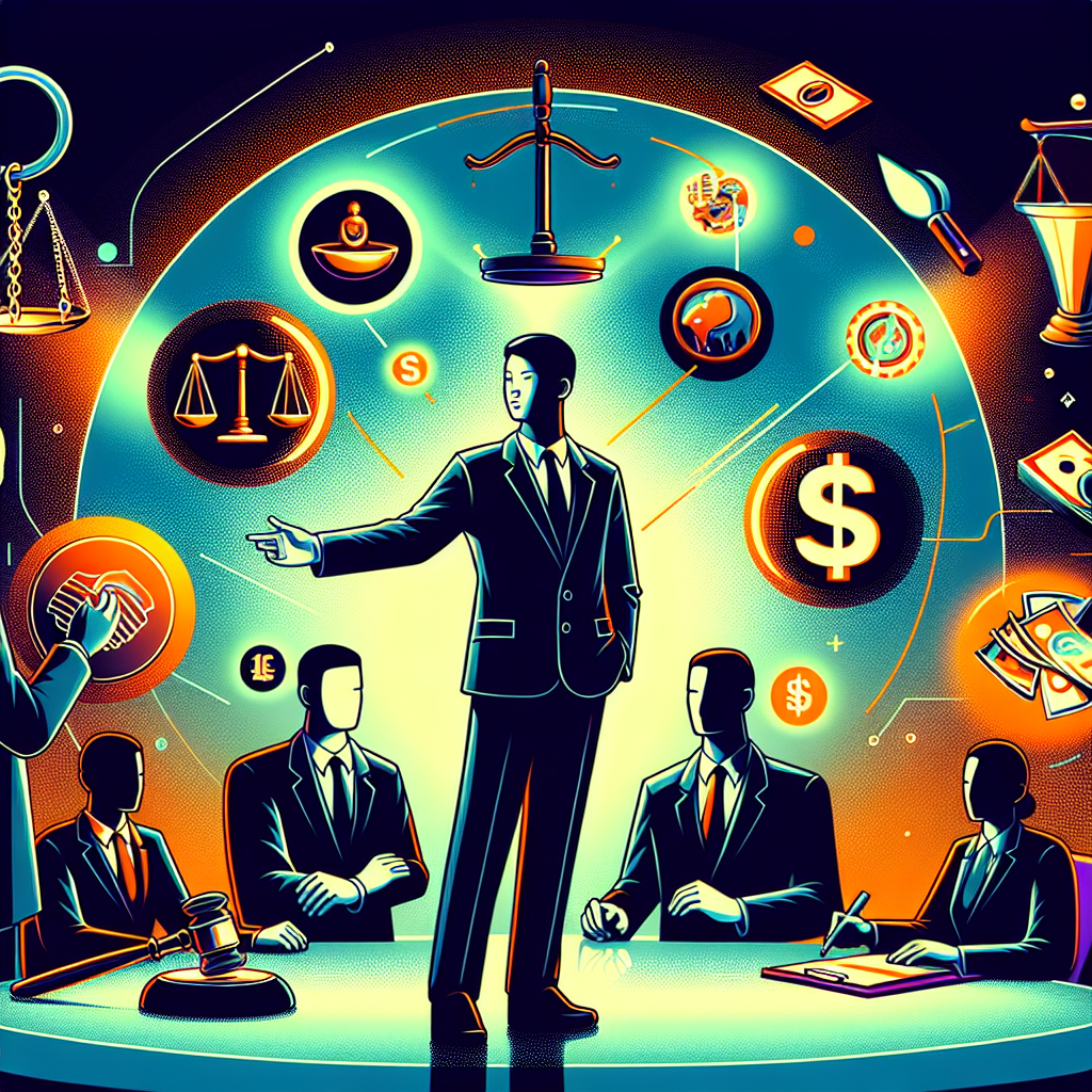 Here's a description for an image based on your requirements:
A stylized illustration depicting a legal consultation scene. A Taiwanese lawyer in a suit stands confidently, gesturing towards floating icons representing money laundering and legal consequences. Bold, contrasting colors and clean lines create a dynamic composition. Symbolic elements like scales of justice, handcuffs, and currency symbols surround the central figures. Dramatic lighting emphasizes key areas, while the overall design maintains a professional and visually engaging atmosphere.