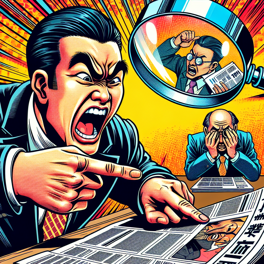 圖片描述：

一幅充滿活力的漫畫風格插圖,展現了一場商業糾紛的戲劇性場景。前景中,一位表情誇張的台灣商人正在憤怒地指著一份報紙,報紙上有一篇關於他公司的負面報導。背景中,另一位商人躲在巨大的放大鏡後面,偷偷地觀察著這一切。整個場景色彩鮮艷,線條簡潔有力,充滿動感。放大鏡象徵著對事實的仔細審視,暗示了商業毀謗案件中真相與謠言的較量。這幅圖生動地呈現了商業毀謗對企業權益的潛在影響。