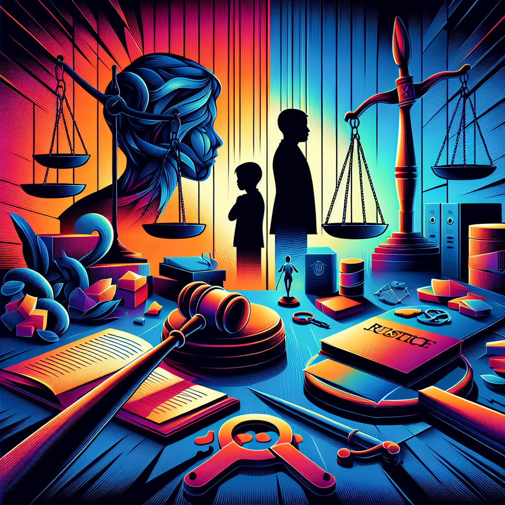 Here's a description for an image that fits your requirements:
A stylized illustration depicts a courtroom scene with bold, contrasting colors. A judge's gavel and scales of justice dominate the foreground. Silhouettes of a child and an adult figure stand on opposite sides, separated by a protective shield. Legal documents and evidence folders scatter across the scene. Symbolic icons representing victim rights and child protection float above. The overall composition uses clean lines and dramatic lighting to create a visually engaging and professional atmosphere, highlighting the serious nature of juvenile sexual assault cases.