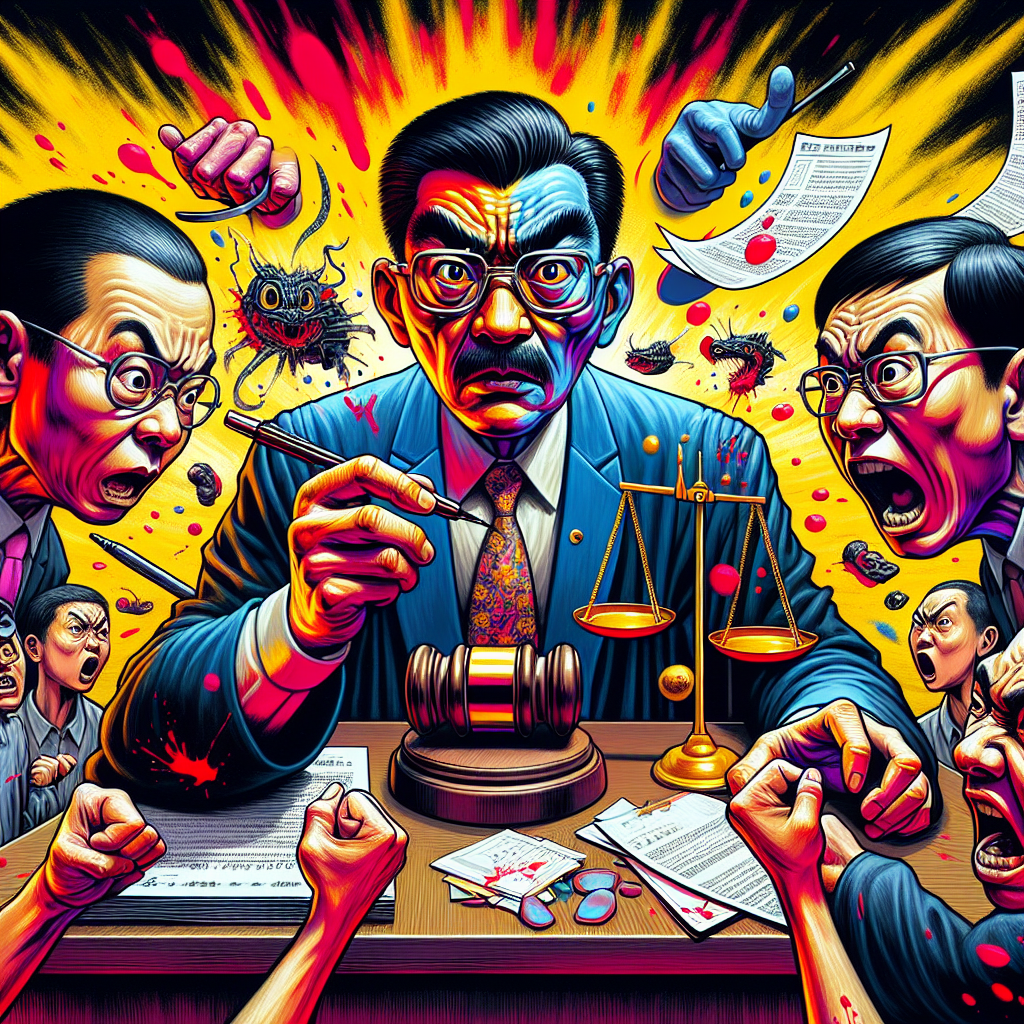 這是一幅充滿戲劇性的法庭插畫,採用蘋果日報和壹週刊新聞圖像風格。畫面中央是一位表情誇張的台灣法官,手持放大鏡仔細審視證據。左側是面露焦慮的原告,右側則是憤怒抗議的被告。兩人之間有一個巨大的天平,上面放著各種文件和證物。背景充滿鮮豔的黃色和紅色,增添了緊張感。整體畫面動感十足,生動展現了誣告案件中舉證的挑戰與爭議。