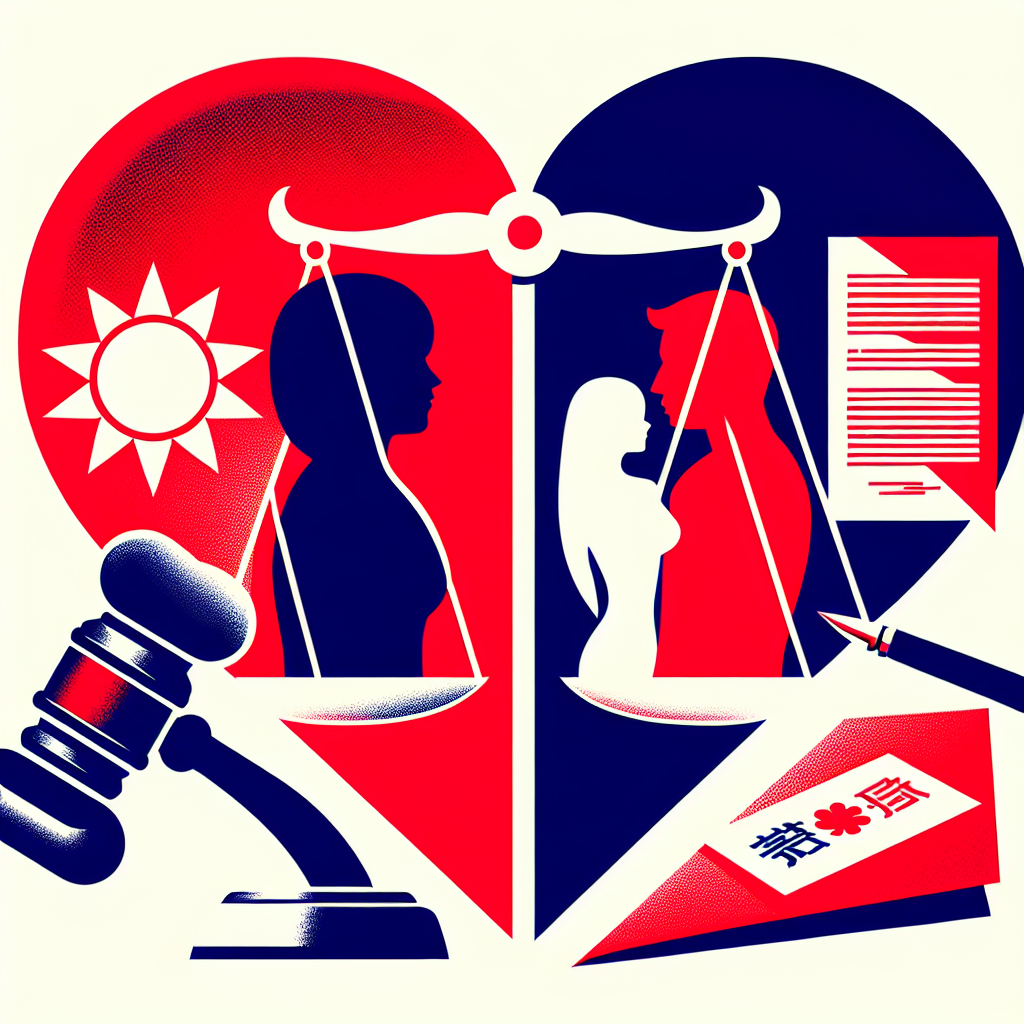 Here's a description for an image to accompany the article section:
A stylized illustration depicting a broken heart symbol split by a gavel, representing marital infidelity and legal consequences. On one side, silhouettes of a Taiwanese couple stand apart, while on the other, legal scales balance documents labeled "rights" and "penalties". Bold red and blue colors contrast against a white background, creating a dynamic and professional composition that visually captures the theme of extramarital affairs and their legal impact.