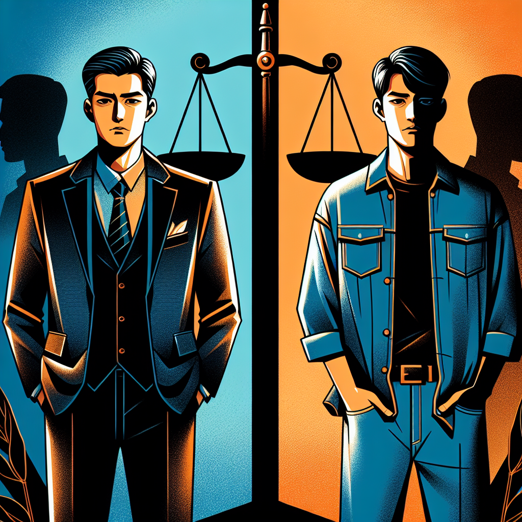 一幅現代風格插畫,呈現兩個台灣男性角色:一位穿西裝的律師站在前方,代表主犯;另一位穿便服的人站在後方陰影處,象徵幫助犯。兩人之間有一條粗黑線分隔,線上方有天平圖標。背景使用對比鮮明的藍色和橙色,營造出戲劇性的法律諮詢氛圍。整體畫面動感十足,富有視覺衝擊力。
