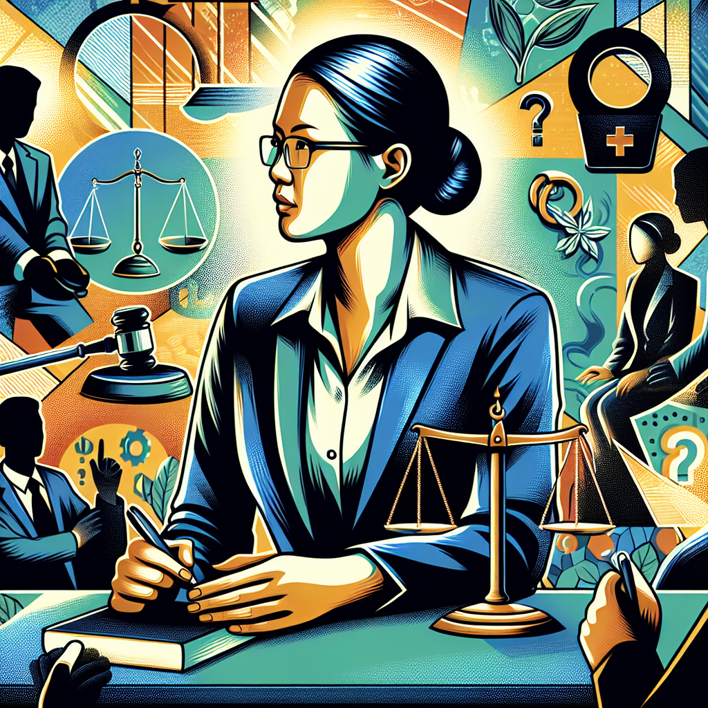Here's a description for an image based on your requirements:
A stylized illustration shows a Taiwanese lawyer at a desk, answering questions from clients. Bold, contrasting colors and clean lines depict a modern office setting. Symbolic icons like scales of justice, handcuffs, and question marks float around, representing legal concepts. Dramatic lighting casts shadows, creating a dynamic and professional atmosphere. The overall composition balances artistic design with a clear legal consultation theme.