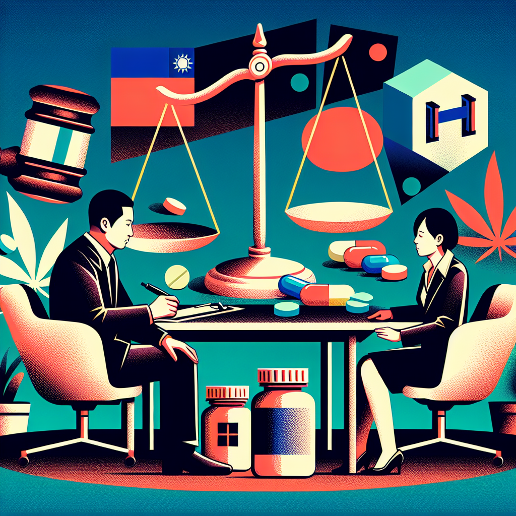 Here's a description for the image:
A stylized illustration depicting a legal consultation scene. A Taiwanese lawyer and client sit at a modern desk, separated by a symbolic scale of justice. Bold, contrasting colors highlight key elements. Pill bottles and legal documents scatter the desk. In the background, abstract shapes represent courtroom and prison imagery. Clean lines and dramatic lighting create a dynamic, professional atmosphere, visualizing the complexities of drug possession defense strategies.