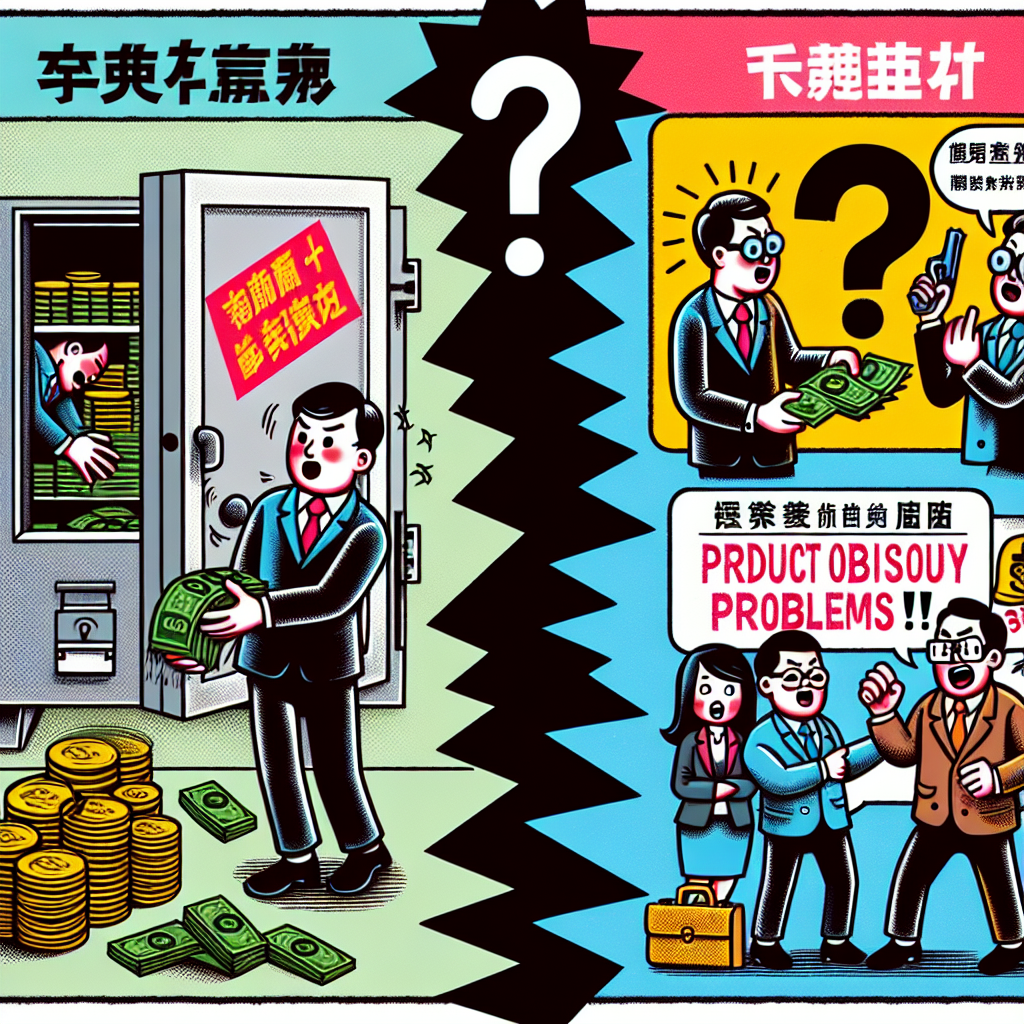 這裡是一個符合要求的圖片描述:
一幅充滿活力的漫畫風格插圖,分為左右兩部分。左側展示一個台灣男子偷偷將錢從公司保險箱轉移到自己口袋,代表背信罪。右側是另一個台灣男子用誇張的手勢向一群人推銷明顯有問題的產品,象徵詐欺罪。兩邊用一條粗黑線分隔,上方有醒目的問號圖案。整體色彩鮮艷,人物表情誇張,動作充滿戲劇性,突出兩種犯罪的關鍵特徵與區別。