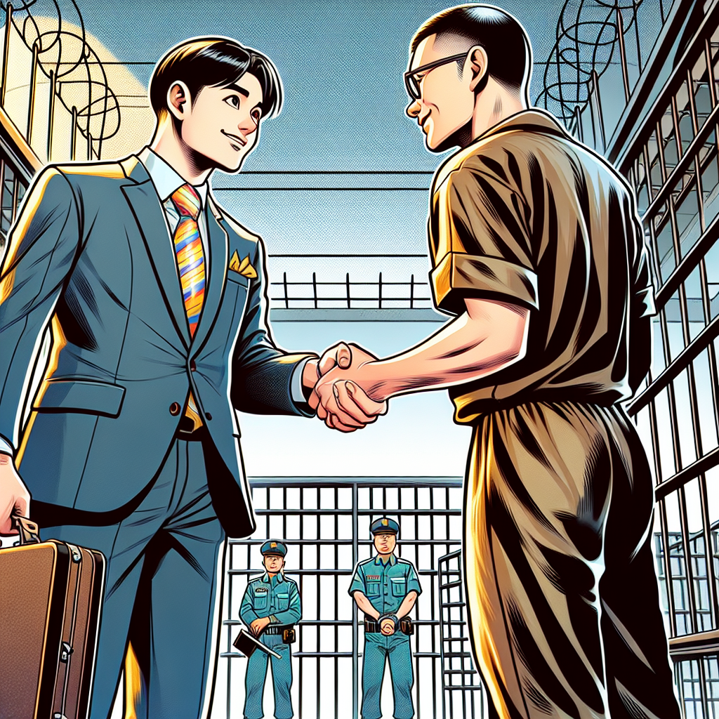 圖片描述:
一名台灣律師和他的當事人在監獄會見室內握手道別,表情溫暖友善。律師手提公文包,身穿西裝,當事人穿囚服。背景有鐵窗和警衛。整體畫面採用明亮鮮豔的漫畫風格,線條簡潔大膽。人物表情誇張生動,充滿戲劇性和動感。畫面傳達出律師與當事人之間的信任關係,以及法律援助的重要性。整體視覺效果吸引眼球,富有情感感染力。