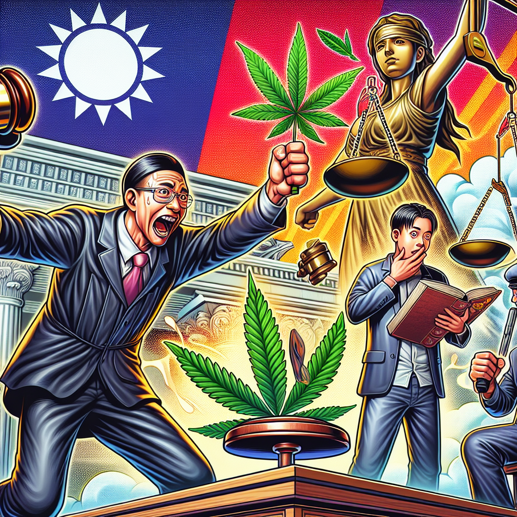 圖片描述:
一個戲劇化的法庭場景,採用鮮豔的漫畫風格。中央是一位台灣法官,誇張地揮舞著木槌。左側是一位緊張的被告,手中拿著一片大麻葉。右側是一位激動的檢察官,指著一本巨大的法律書。背景有一個放大的天平,一邊是大麻,另一邊是手銬。整個場景充滿動感和戲劇性,生動呈現了大麻持有的法律定義與刑責主題。