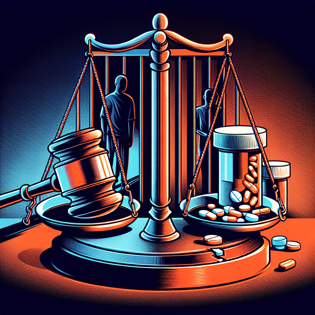 Here's a suitable image description based on your requirements:
A stylized illustration depicting a Taiwanese judge's gavel striking a balance scale. On one side of the scale is a pill bottle, representing drugs, while the other side holds legal documents. Behind the scale, a silhouette of a person stands between prison bars and freedom, symbolizing the consequences of intent to sell drugs. Bold contrasting colors and clean lines create a dynamic, modern art style, conveying the legal complexities of drug-related cases.
