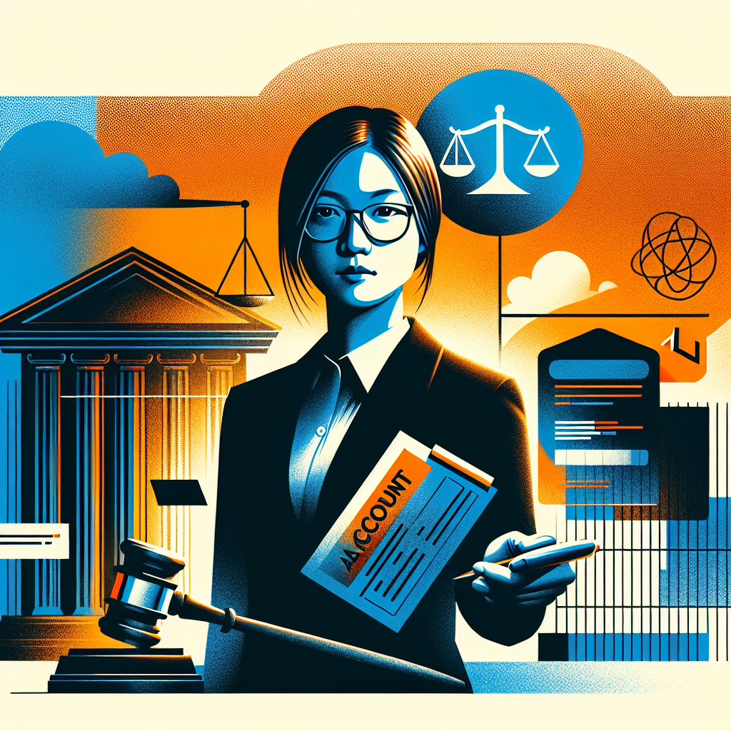 一個台灣律師站在法庭前,手持警示標誌。背景是放大的帳戶圖標和起訴文件。整體採用鮮明對比的藍色和橙色,線條簡潔有力。法律天平和法槌等符號點綴其中,增添法律氛圍。光影效果突出,營造出戲劇性和專業感。整體風格現代簡約,充滿動感和視覺衝擊力。