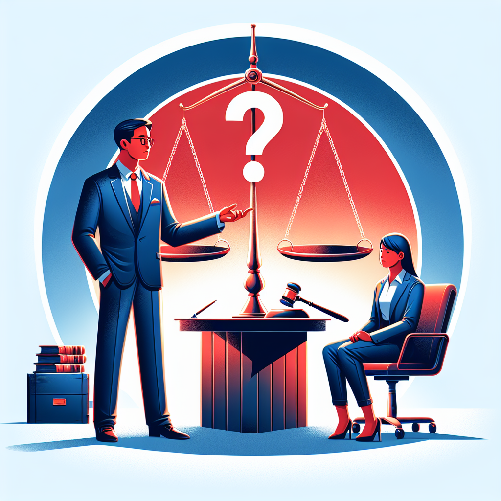 Here's a description for an image that meets your requirements:
A stylized illustration depicting a legal consultation scene. A Taiwanese lawyer stands confidently, gesturing towards floating question mark icons. Opposite, a concerned client sits at a desk. Between them, a large scale symbolizes justice. Bold red and blue tones contrast against a crisp white background. Clean lines and dramatic lighting create a dynamic, professional atmosphere. Symbolic elements like a gavel and law books add legal context.