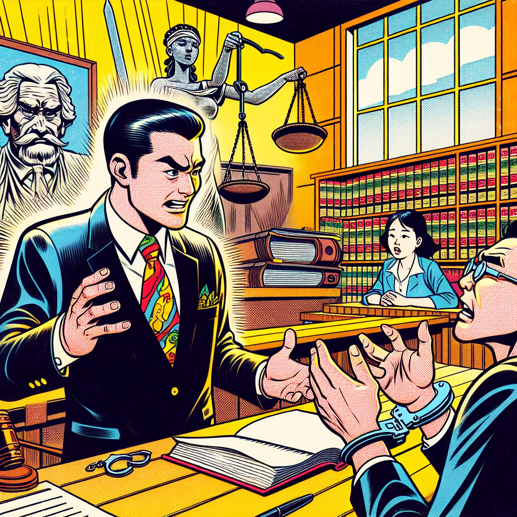 這裡是一個符合要求的圖片描述:
一幅生動的漫畫風格插圖,展現律師接見權利的場景。畫面中央是一間明亮的會見室,一位穿西裝的台灣律師正與戴手銬的當事人交談。律師臉上表情堅定,手勢富有表現力。當事人則露出如釋重負的表情。背景有一本巨大的法律書籍和一個天平,象徵法律公正。整體畫面色彩鮮艷,線條簡潔有力,富有戲劇性和動感,突出了律師接見權利的重要性。