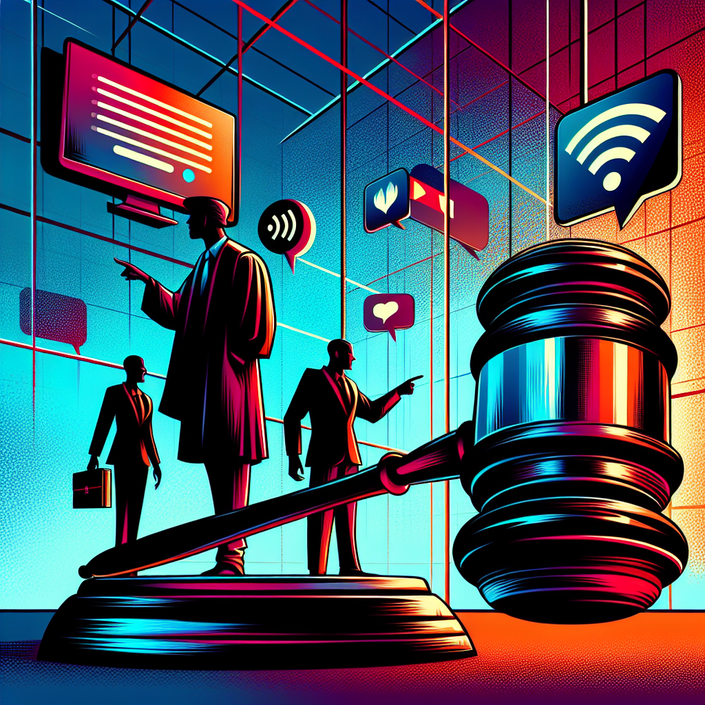 Here's a suitable image description based on your requirements:
A stylized illustration depicting a courtroom scene with bold, contrasting colors. A judge's gavel looms large in the foreground, symbolizing justice. Behind it, silhouettes of two figures face off - one pointing accusingly, the other defensively gesturing. Above them, floating speech bubbles and a Wi-Fi symbol represent online communication. The background features a grid of computer screens, emphasizing the digital nature of the case. Clean lines and dramatic lighting create a dynamic, modern art aesthetic.
