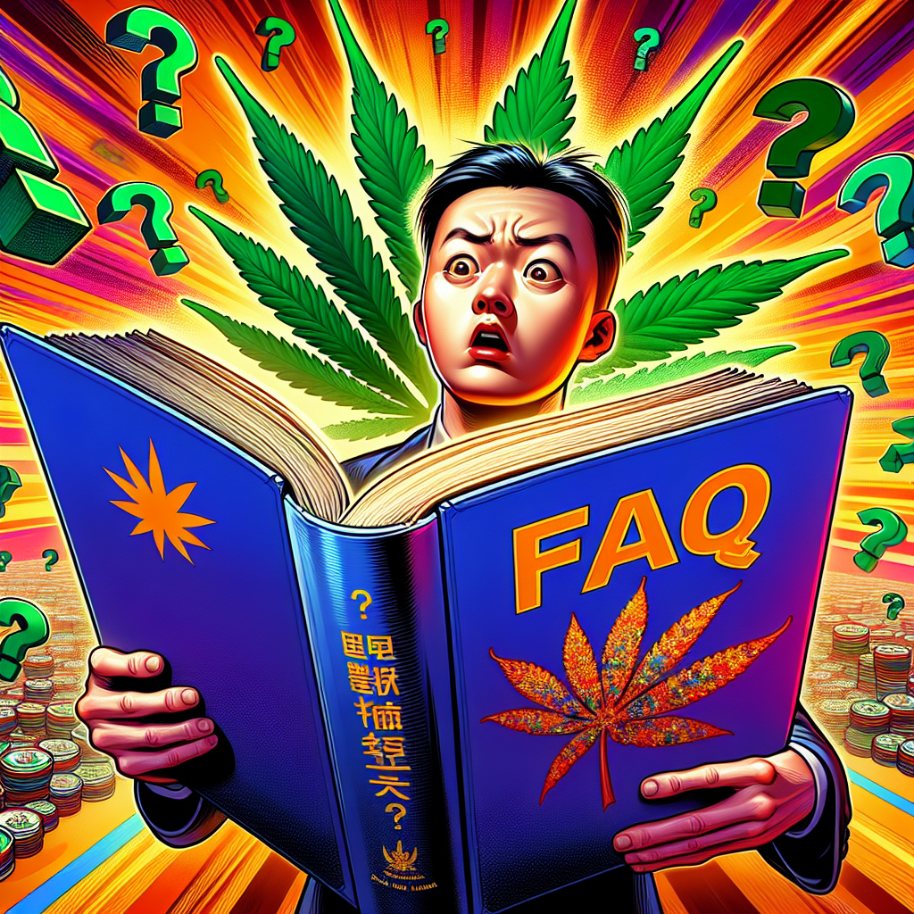 圖片描述:
一幅生動的新聞插圖風格圖像,展示了一個台灣人正在翻閱一本巨大的FAQ手冊。手冊上方漂浮著一片誇張的大麻葉,周圍環繞著各種問號。人物表情誇張,顯得困惑不解。背景是鮮艷的橙色和黃色,增添了視覺衝擊力。整體畫面充滿動感,色彩豐富,線條簡潔有力,傳達出對大麻相關法律問題的好奇與疑惑。